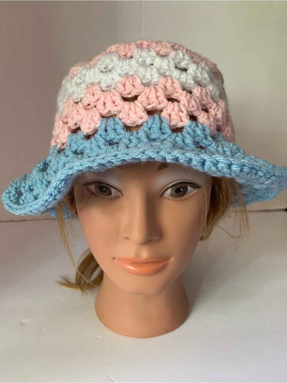 Striped Crochet Bucket Hat in Blue, Pink & White